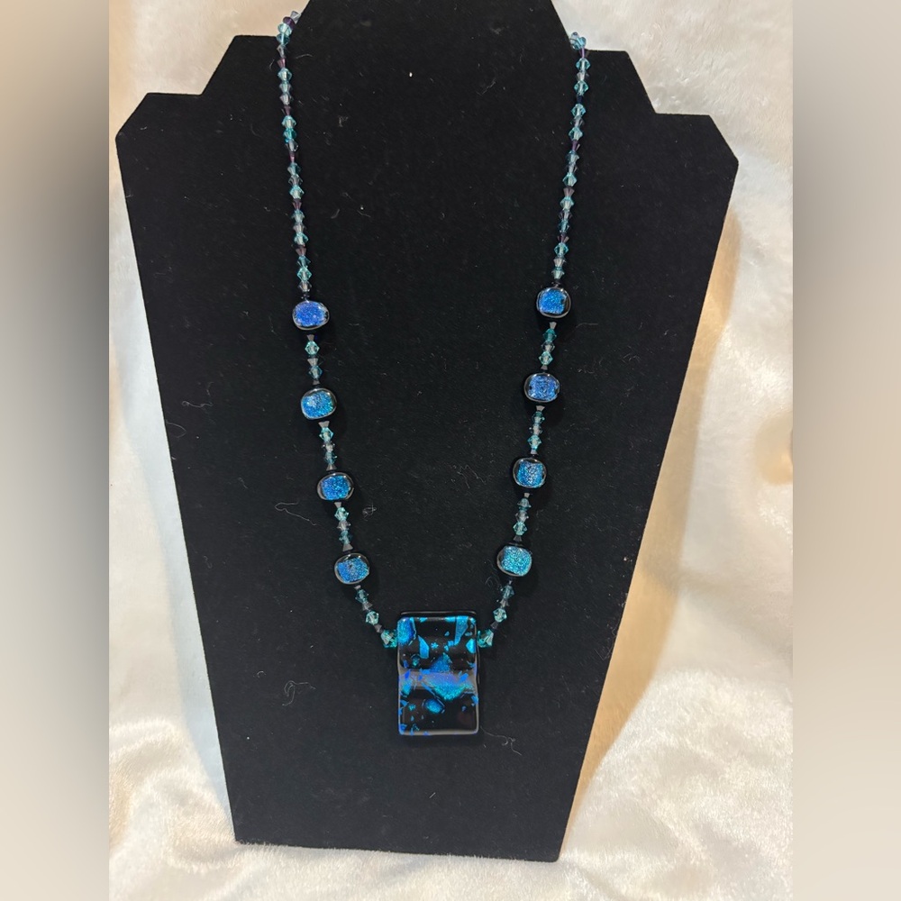 Turquoise and Blue Dichroic fused glass necklace Sterling silver 20”